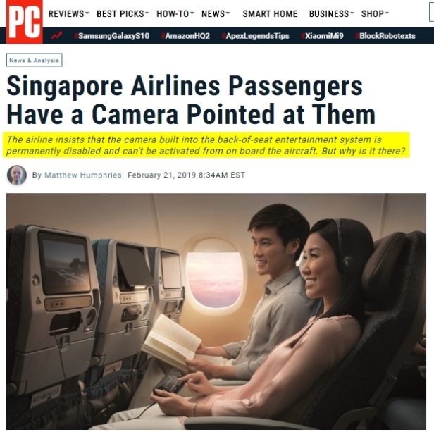 Singapore Air has a DEACTIVATED Camera pointing at every seat